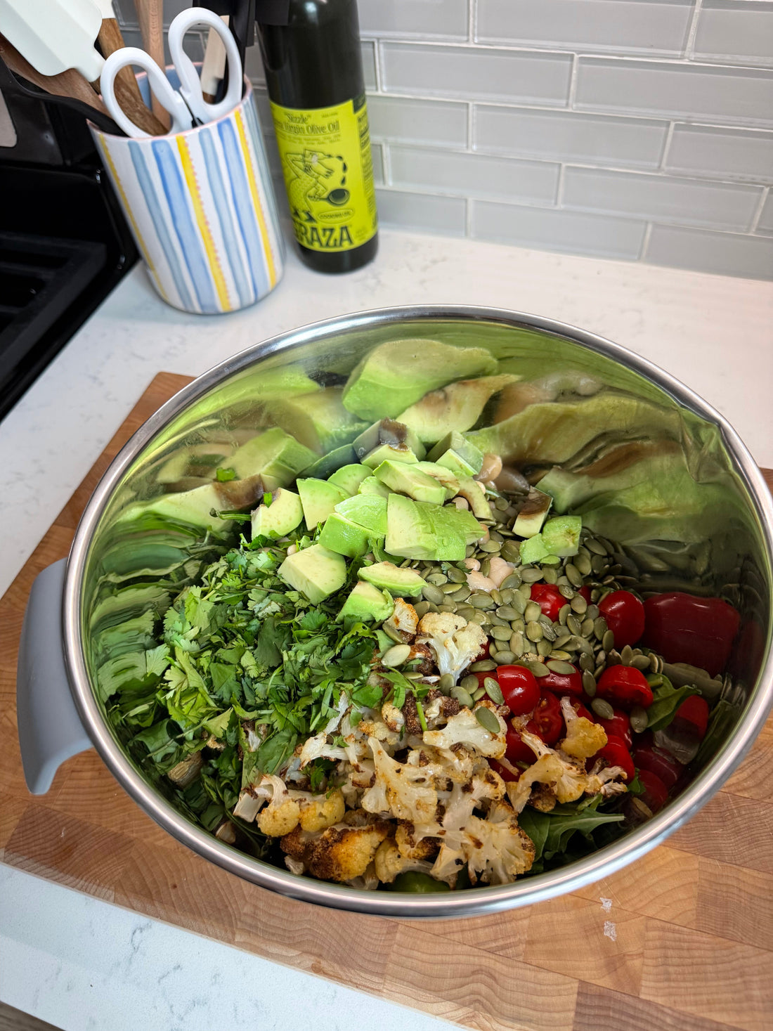 cauli & white bean salad with crispy salmon bites